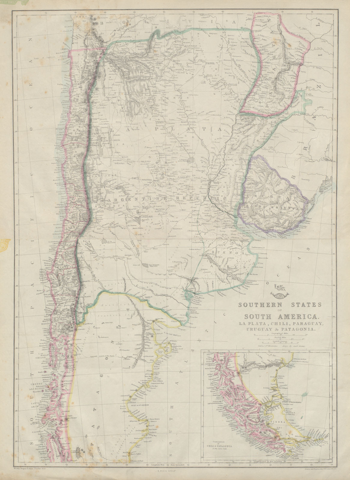 SOUTH AMERICA. 'La Plata, Chili, Paraguay, Uruguay & Patagonia'. LOWRY 1862 map